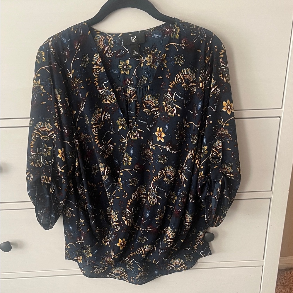 Iz Byer Navy Floral Blouse